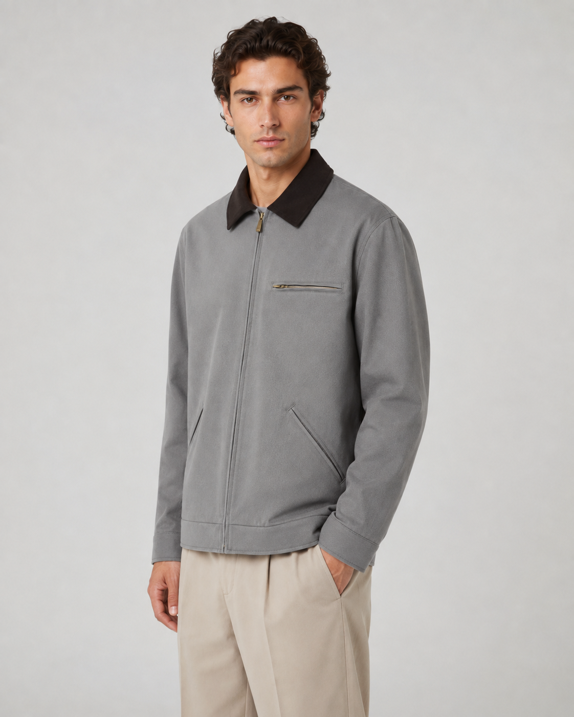 Men's Barn Jacket with Contrast Collar and Zip Front