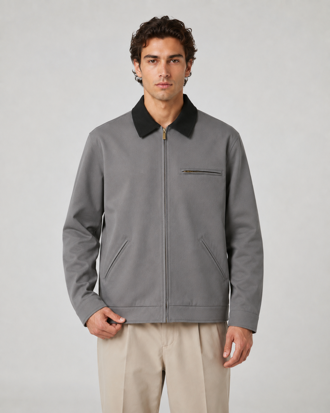 Men's Barn Jacket with Contrast Collar and Zip Front