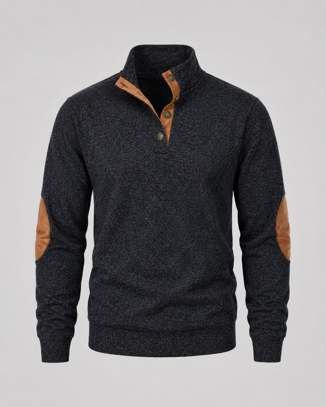 Men's Button Neck Sweater with Elbow Patches - Heathered Stand Collar
