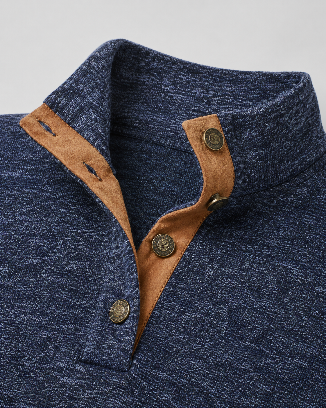 Men's Button Neck Sweater with Elbow Patches - Heathered Stand Collar