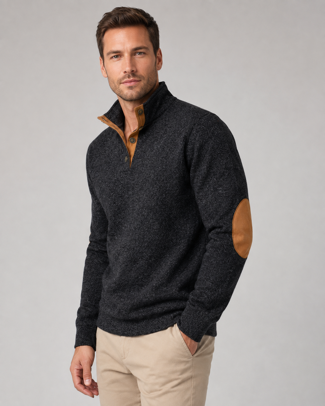 Men's Button Neck Sweater with Elbow Patches - Heathered Stand Collar