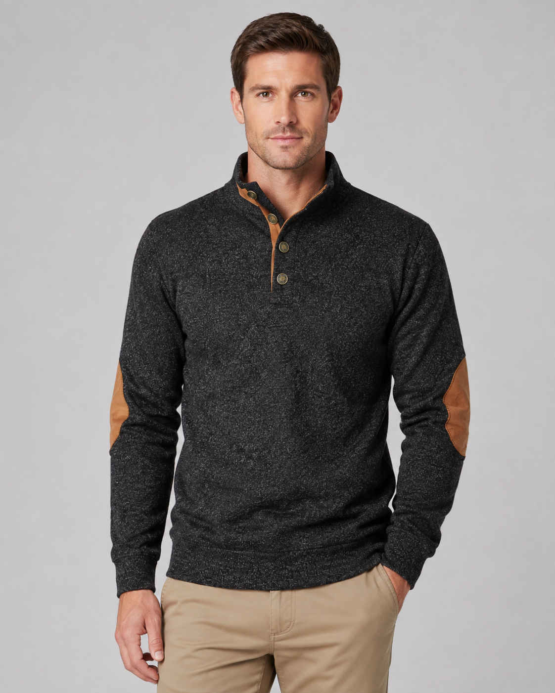 Men's Button Neck Sweater with Elbow Patches - Heathered Stand Collar