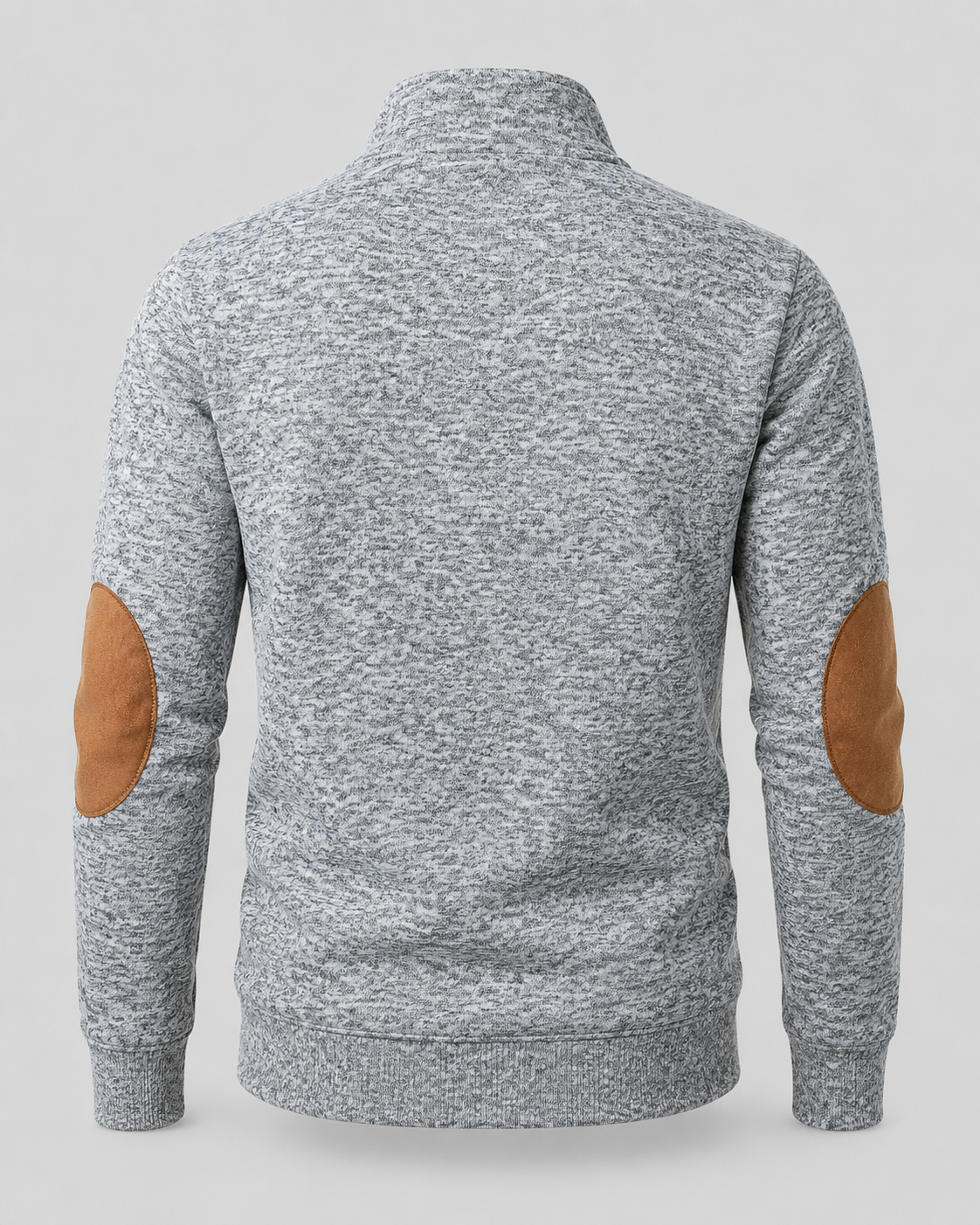 Men's Button Neck Sweater with Elbow Patches - Heathered Stand Collar