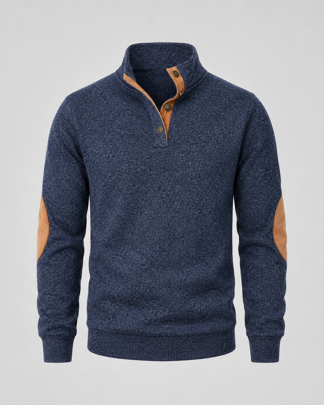 Men's Button Neck Sweater with Elbow Patches - Heathered Stand Collar