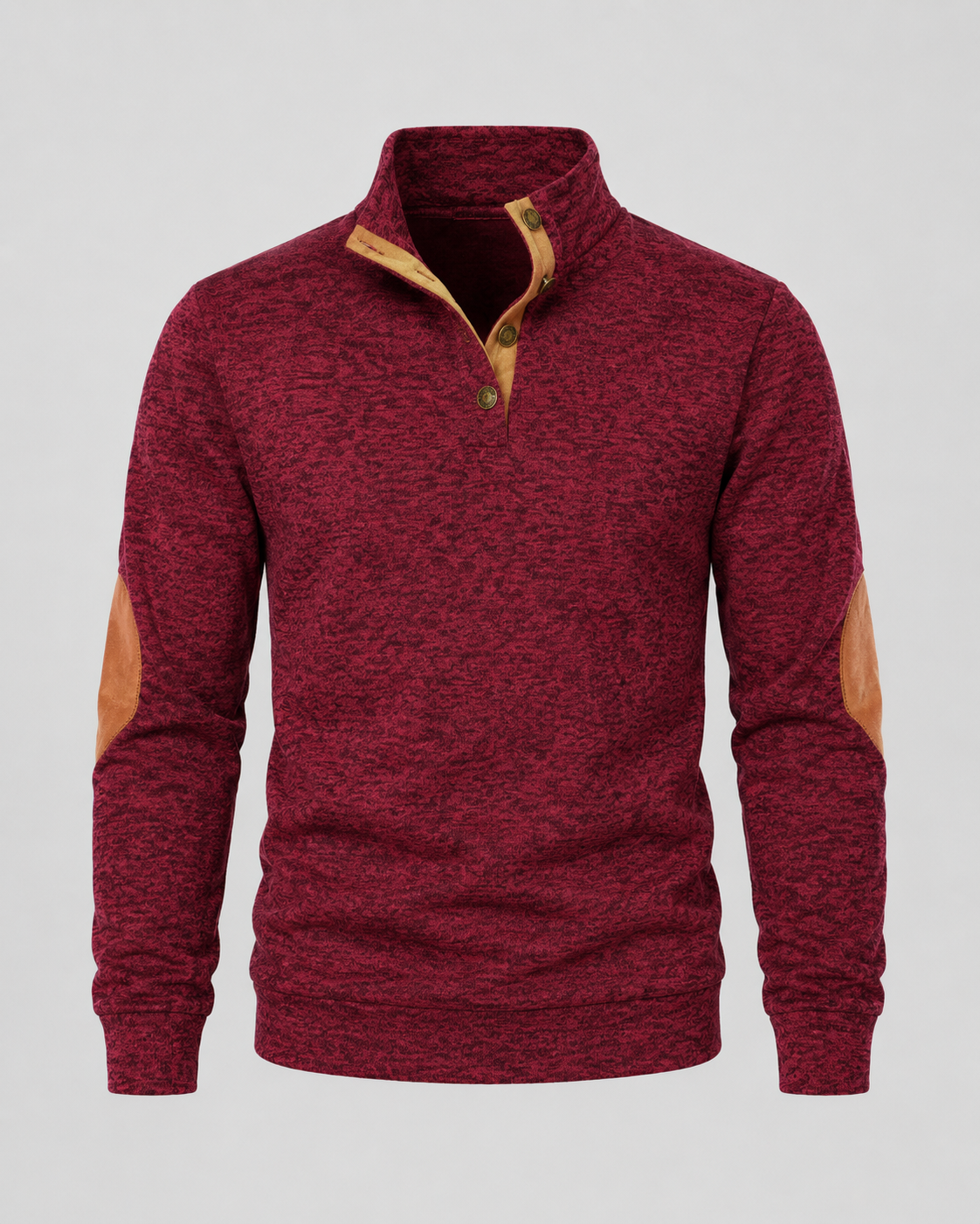 Men's Button Neck Sweater with Elbow Patches - Heathered Stand Collar