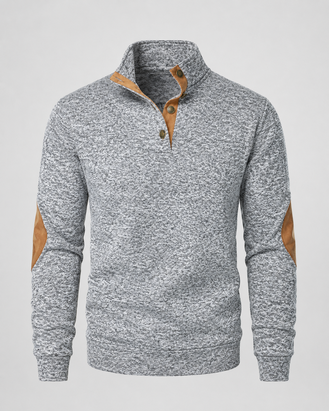 Men's Button Neck Sweater with Elbow Patches - Heathered Stand Collar