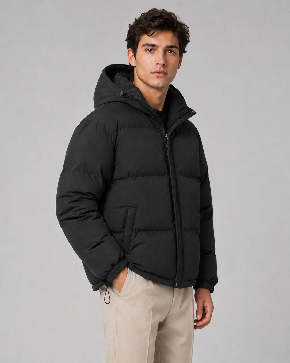 Men's Winter Hooded Puffer Jacket with Drawstring Hem