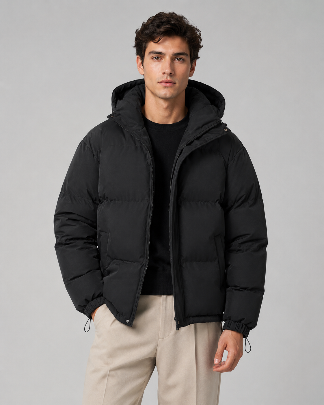Men's Winter Hooded Puffer Jacket with Drawstring Hem
