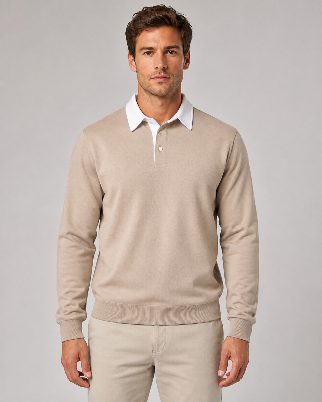 Men's Long Sleeve Knitted Polo Sweater with Contrast Collar