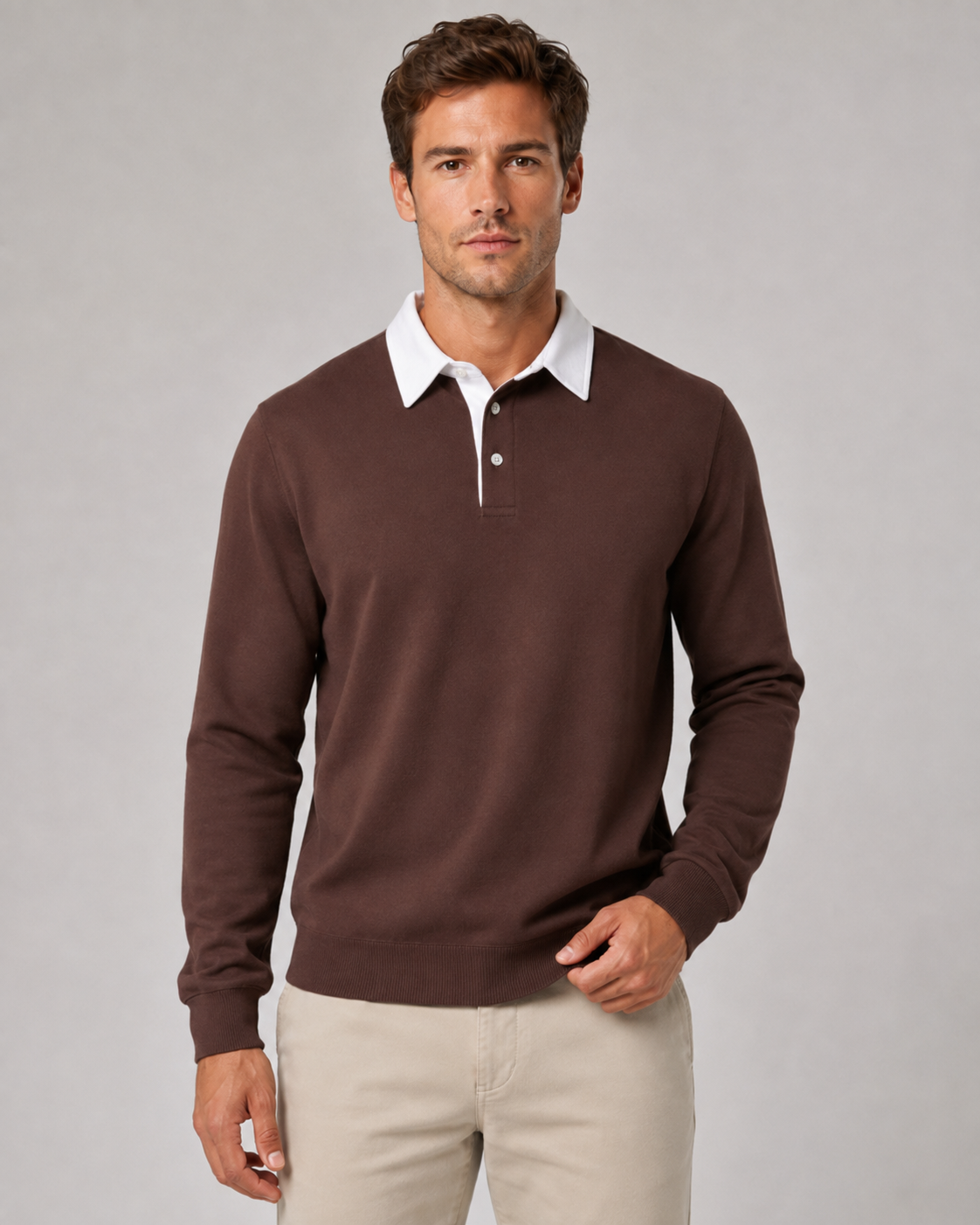 Men's Long Sleeve Knitted Polo Sweater with Contrast Collar
