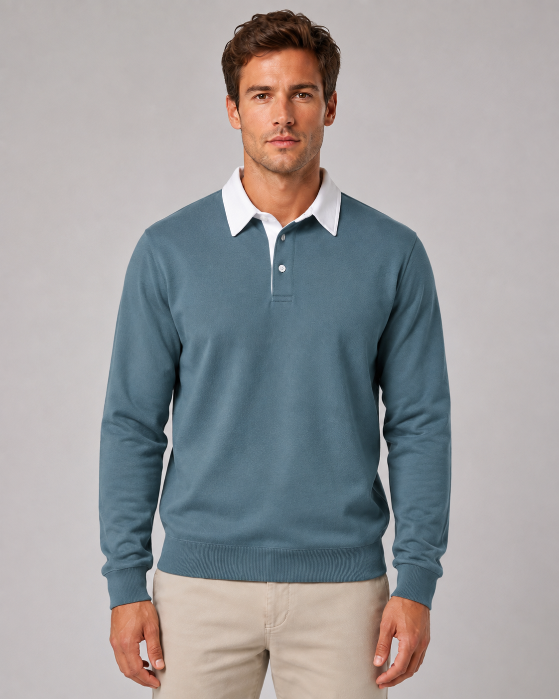 Men's Long Sleeve Knitted Polo Sweater with Contrast Collar
