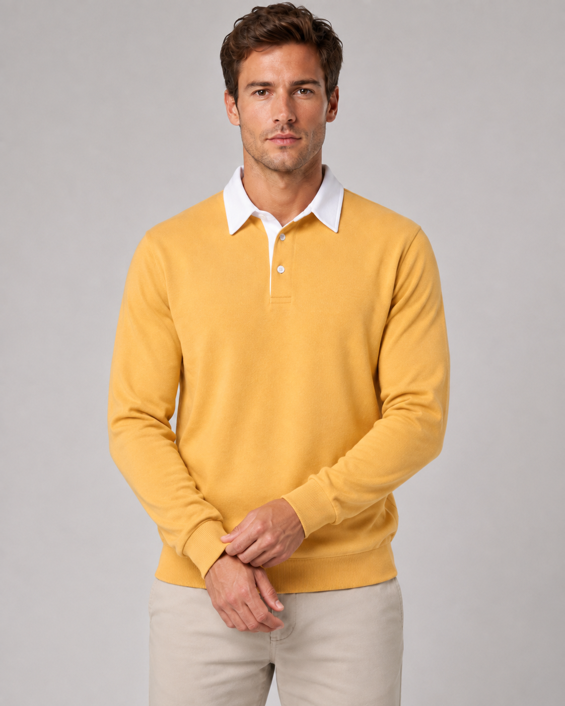 Men's Long Sleeve Knitted Polo Sweater with Contrast Collar