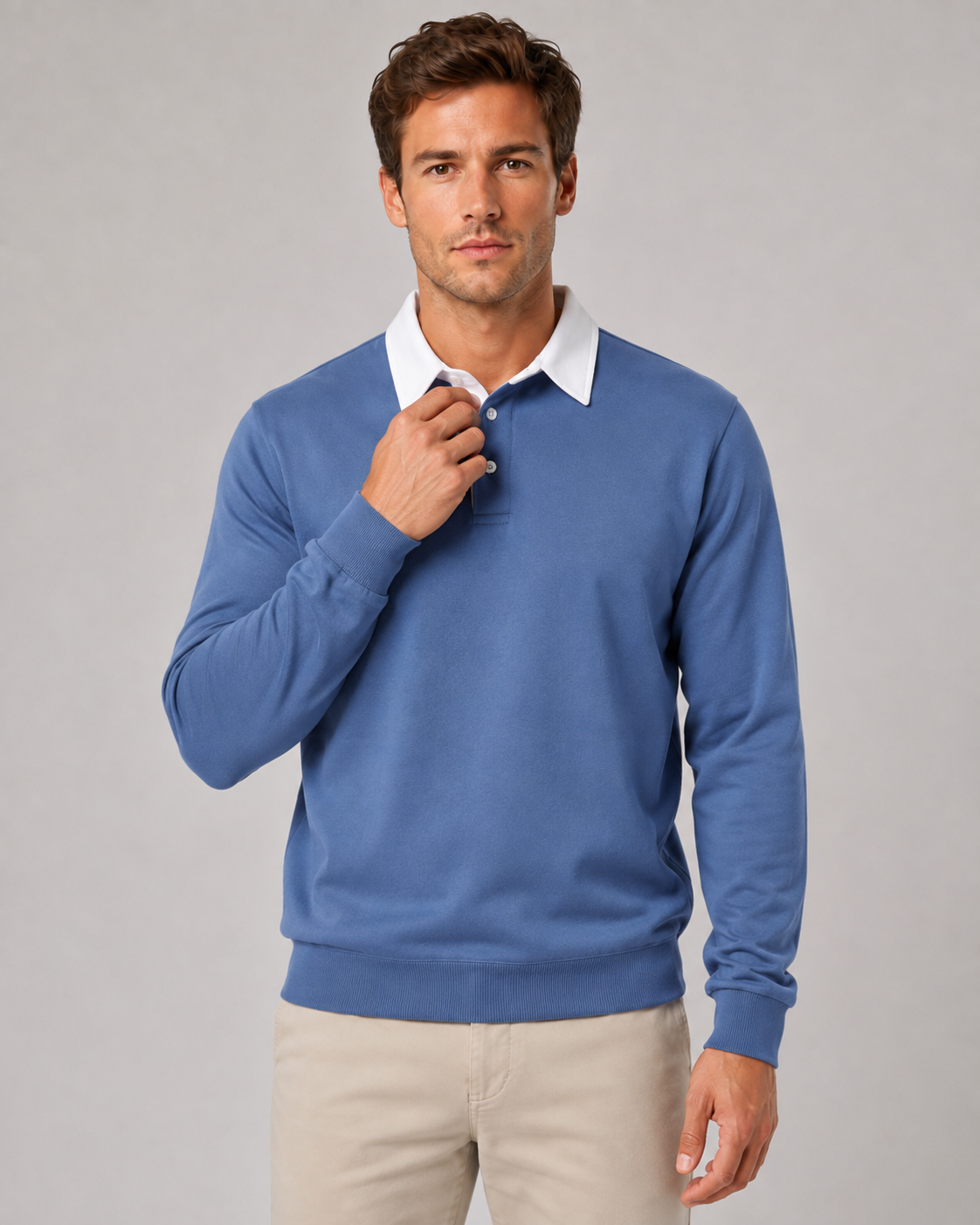 Men's Long Sleeve Knitted Polo Sweater with Contrast Collar