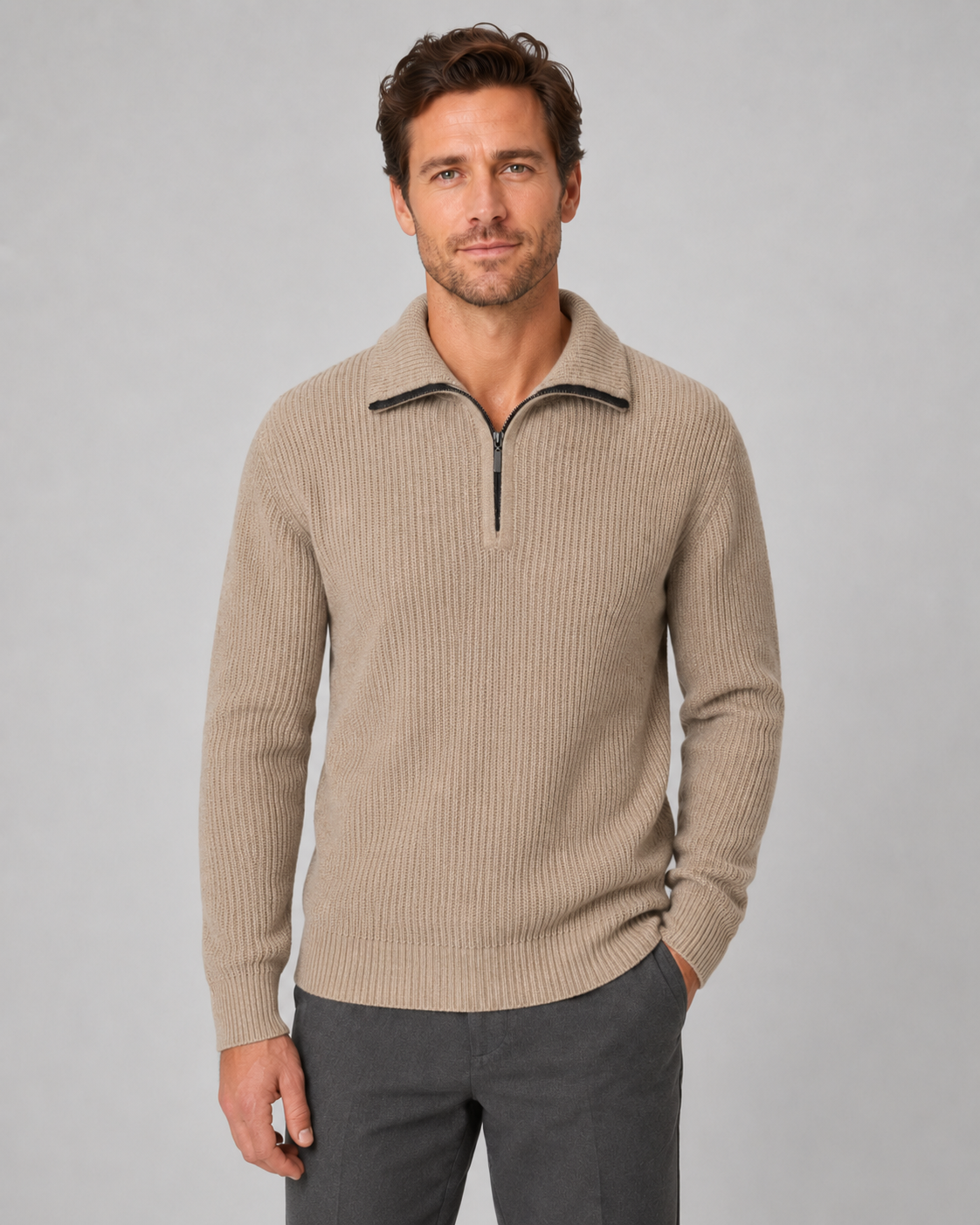 Men's Quarter-Zip Ribbed Collared Sweater