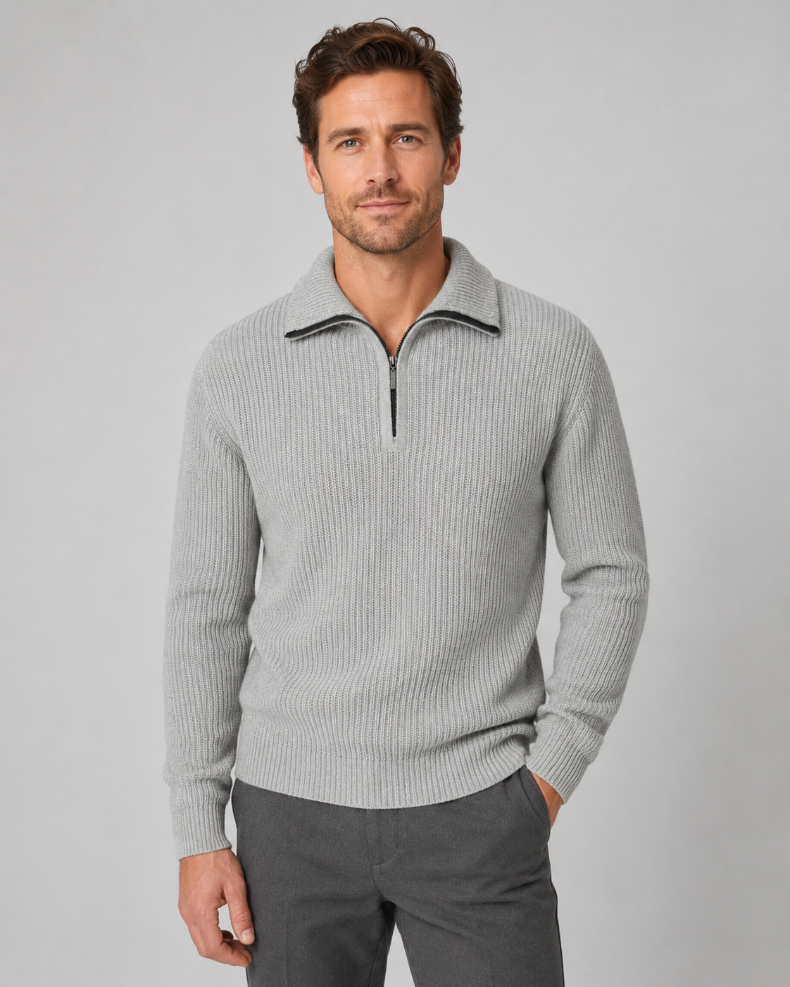 Men's Quarter-Zip Ribbed Collared Sweater
