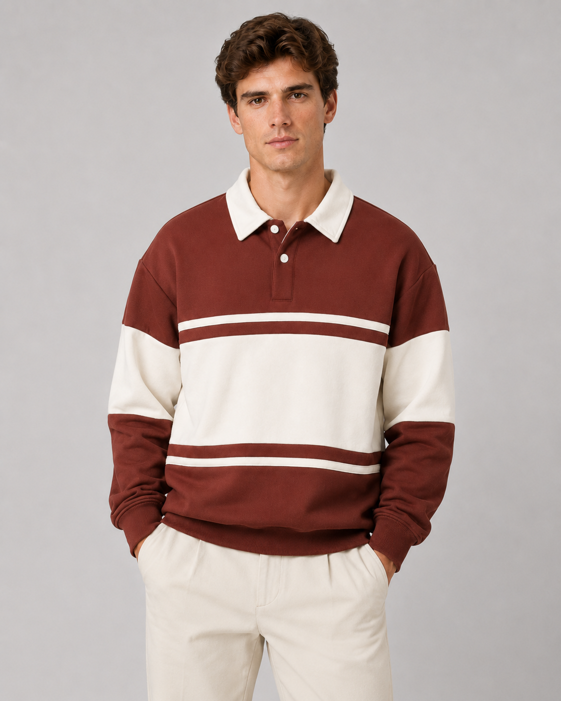 Men's Color Block Rugby Polo Sweater - Long Sleeve Relaxed Fit