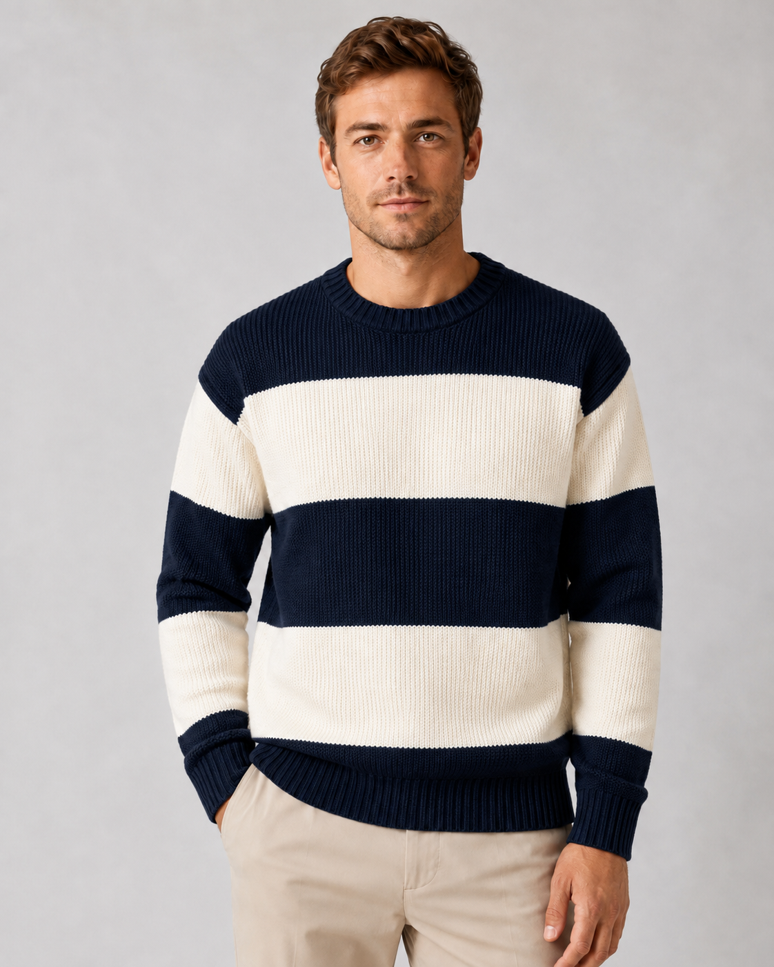 Men's Crew Neck Rugby Stripe Sweater - Relaxed Fit