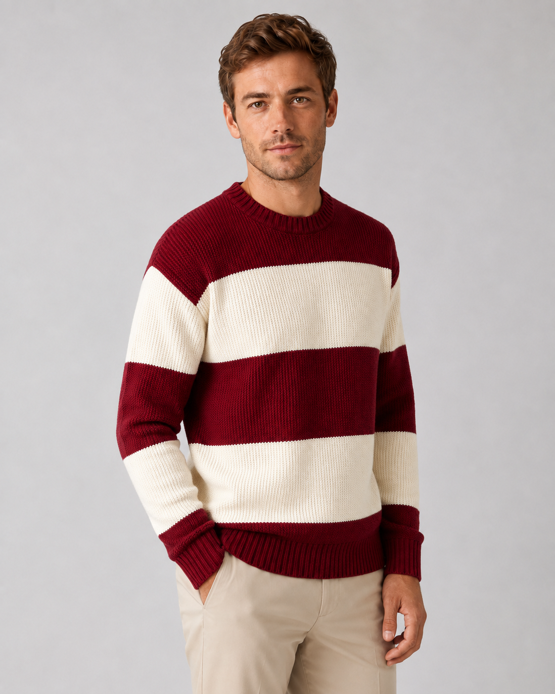 Men's Crew Neck Rugby Stripe Sweater - Relaxed Fit