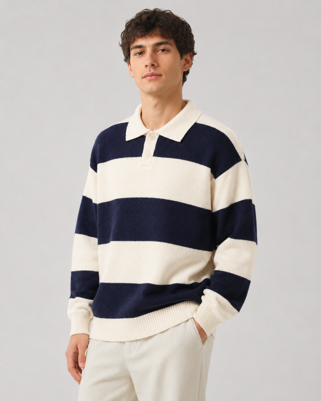 Men's Long Sleeve Relaxed Fit Rugby Stripe Polo Sweater