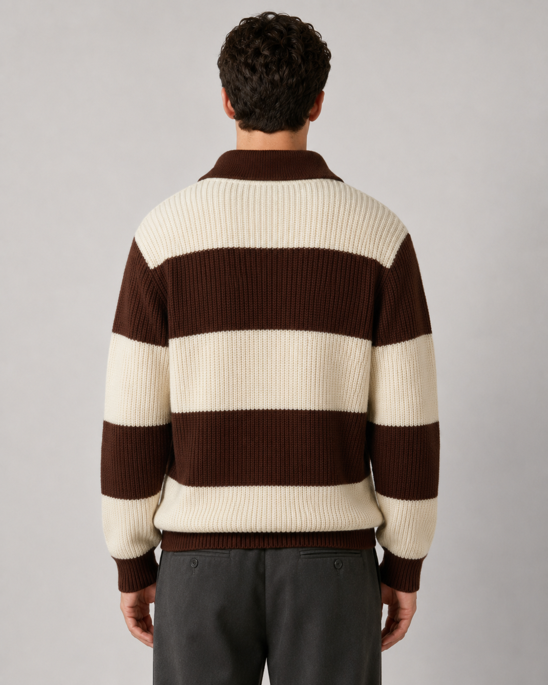 Men's Knitted Polo Sweater with Button Collar and Stripes