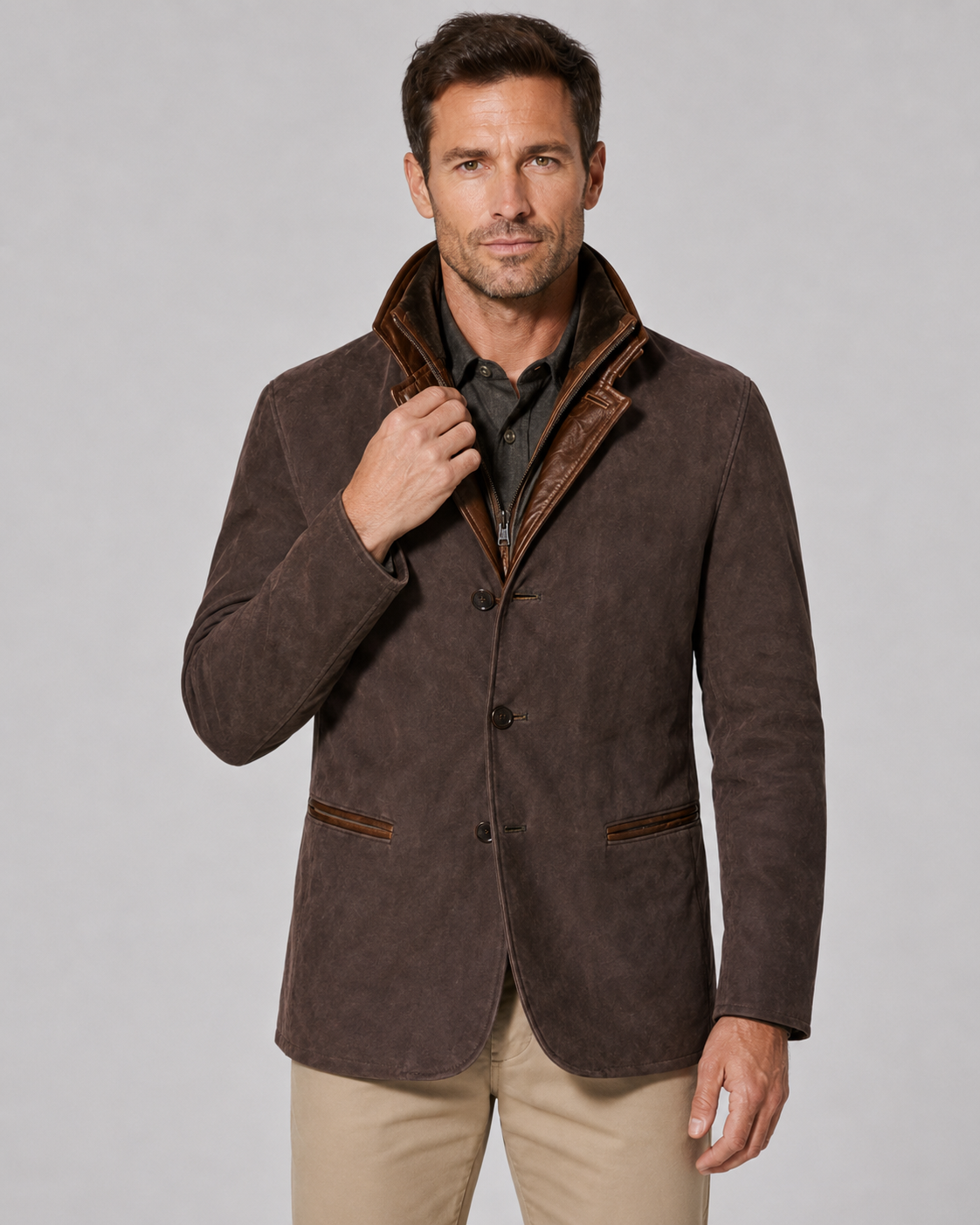 Men's Suede Jacket with Layered Zip Collar and Notched Lapel