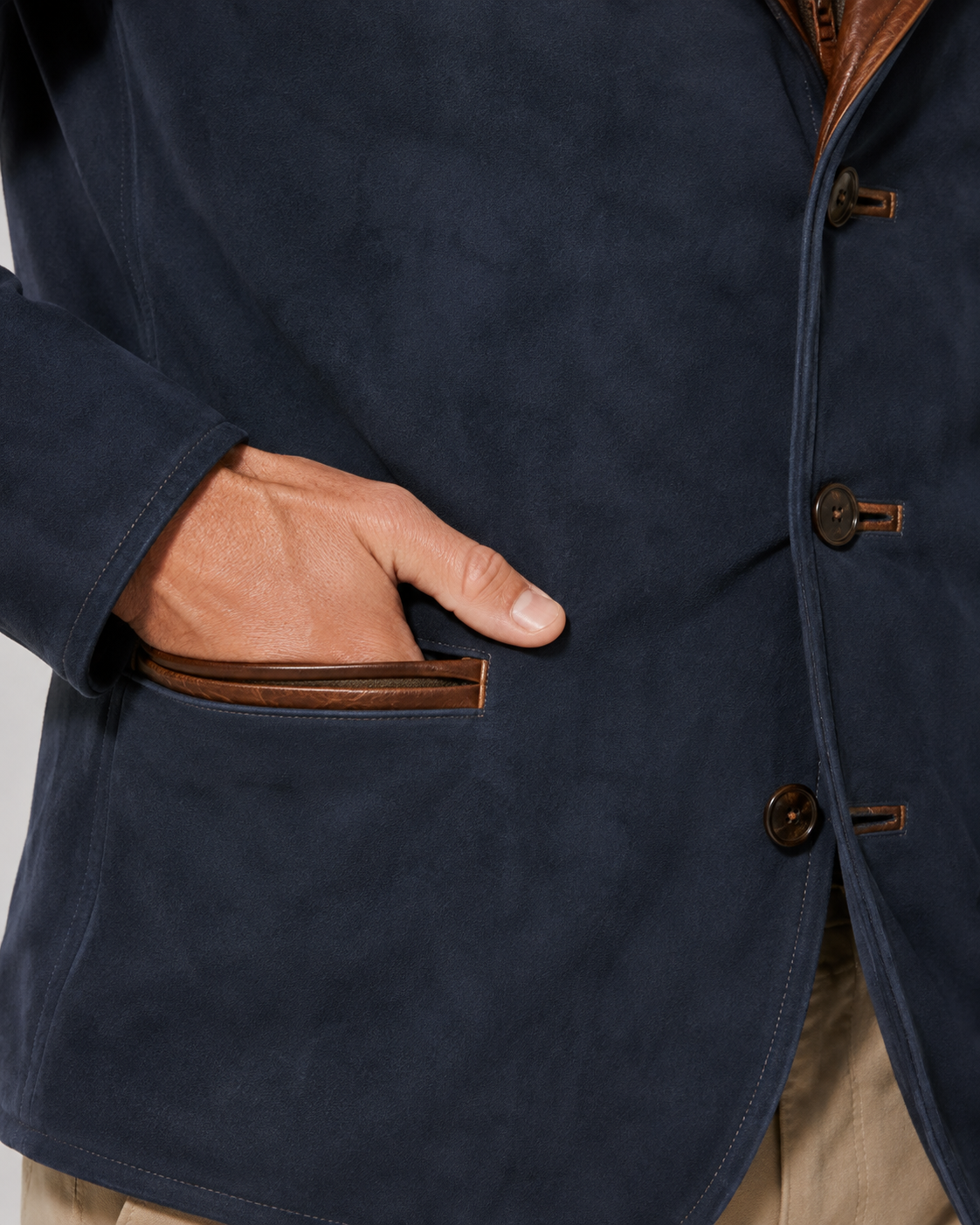 Men's Suede Jacket with Layered Zip Collar and Notched Lapel