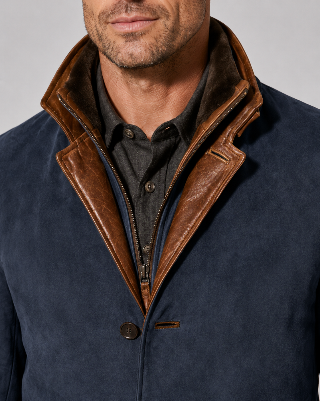 Men's Suede Jacket with Layered Zip Collar and Notched Lapel