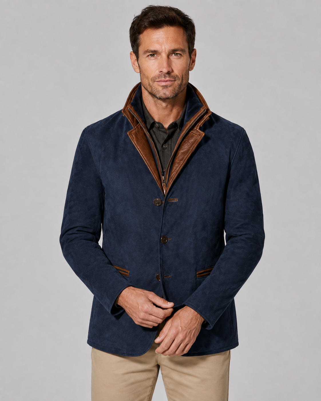 Men's Suede Jacket with Layered Zip Collar and Notched Lapel
