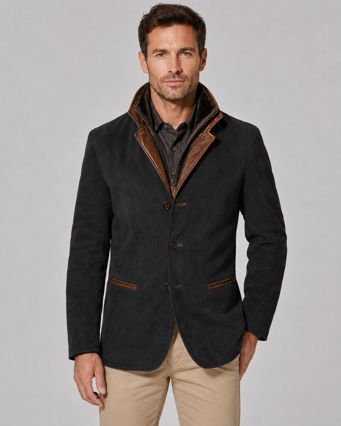 Men's Suede Jacket with Layered Zip Collar and Notched Lapel