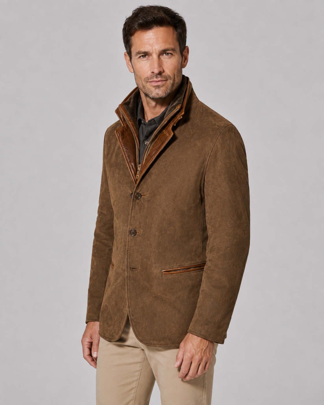 Men's Suede Jacket with Layered Zip Collar and Notched Lapel