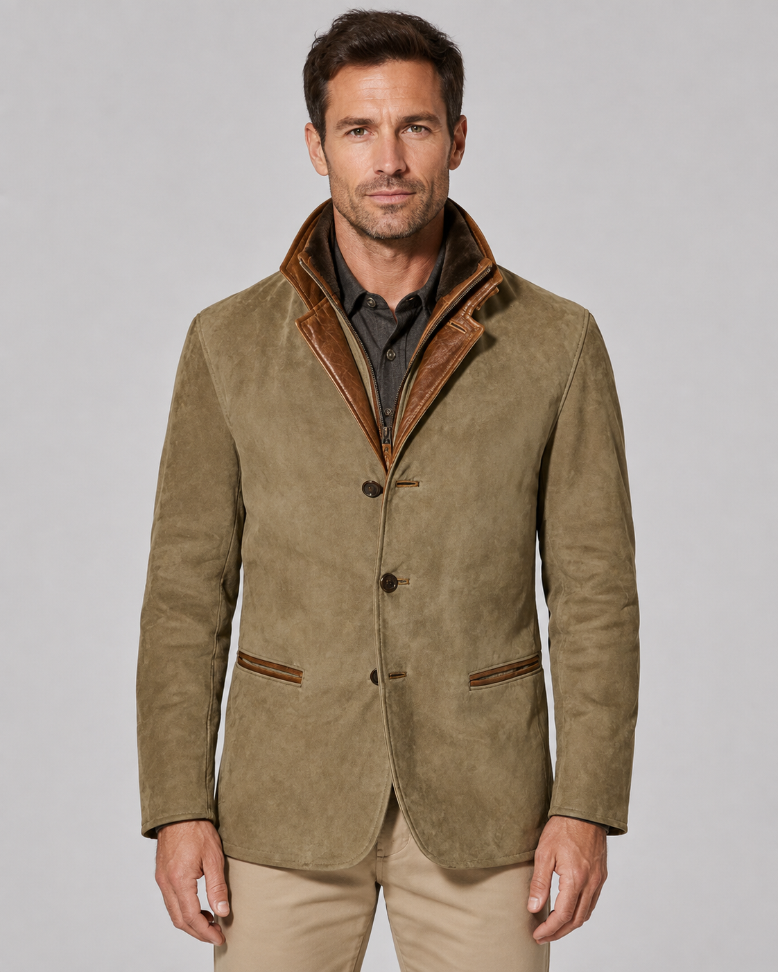 Men's Suede Jacket with Layered Zip Collar and Notched Lapel