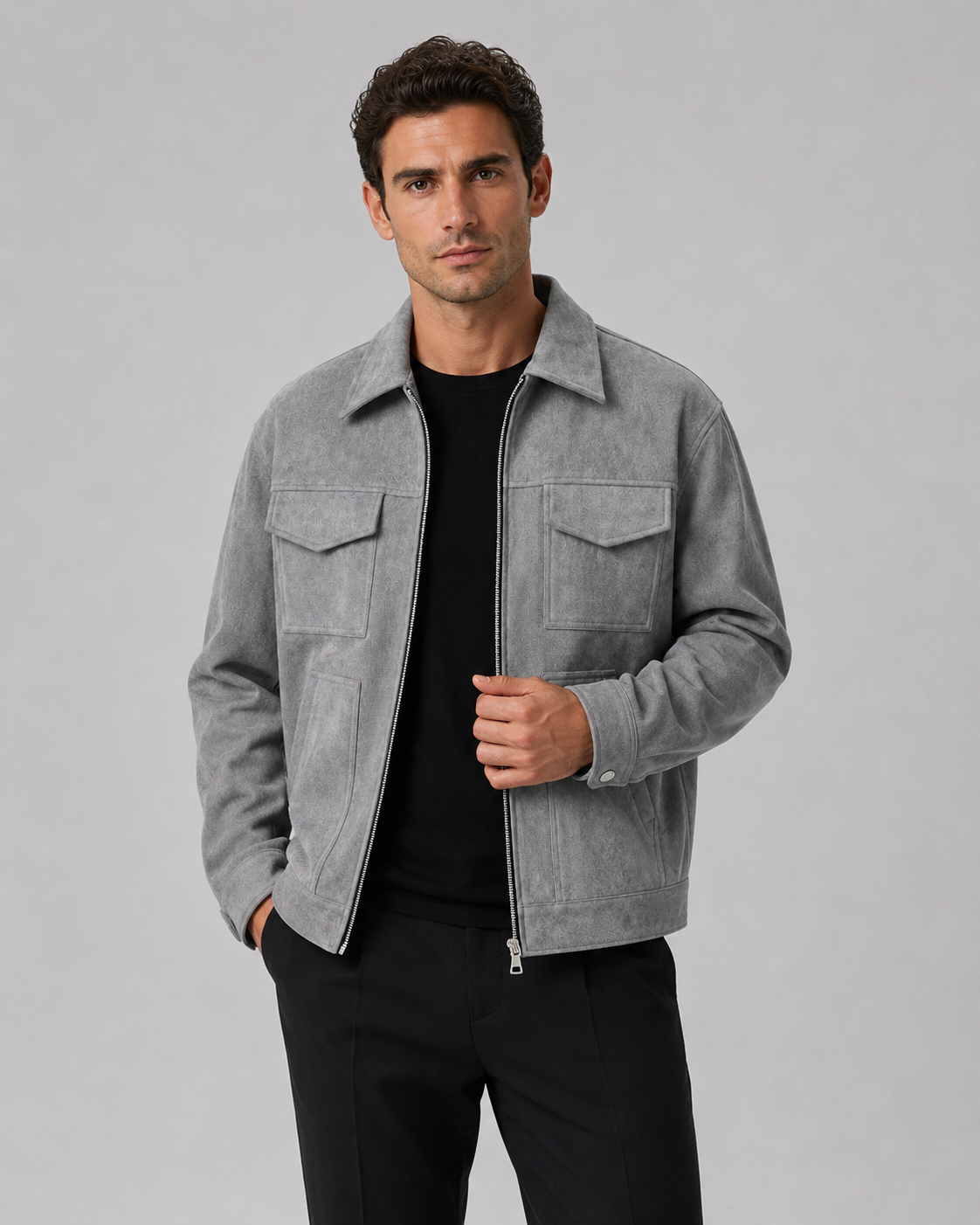 Men's Utility Jacket – Suede Loose Fit Zip Design