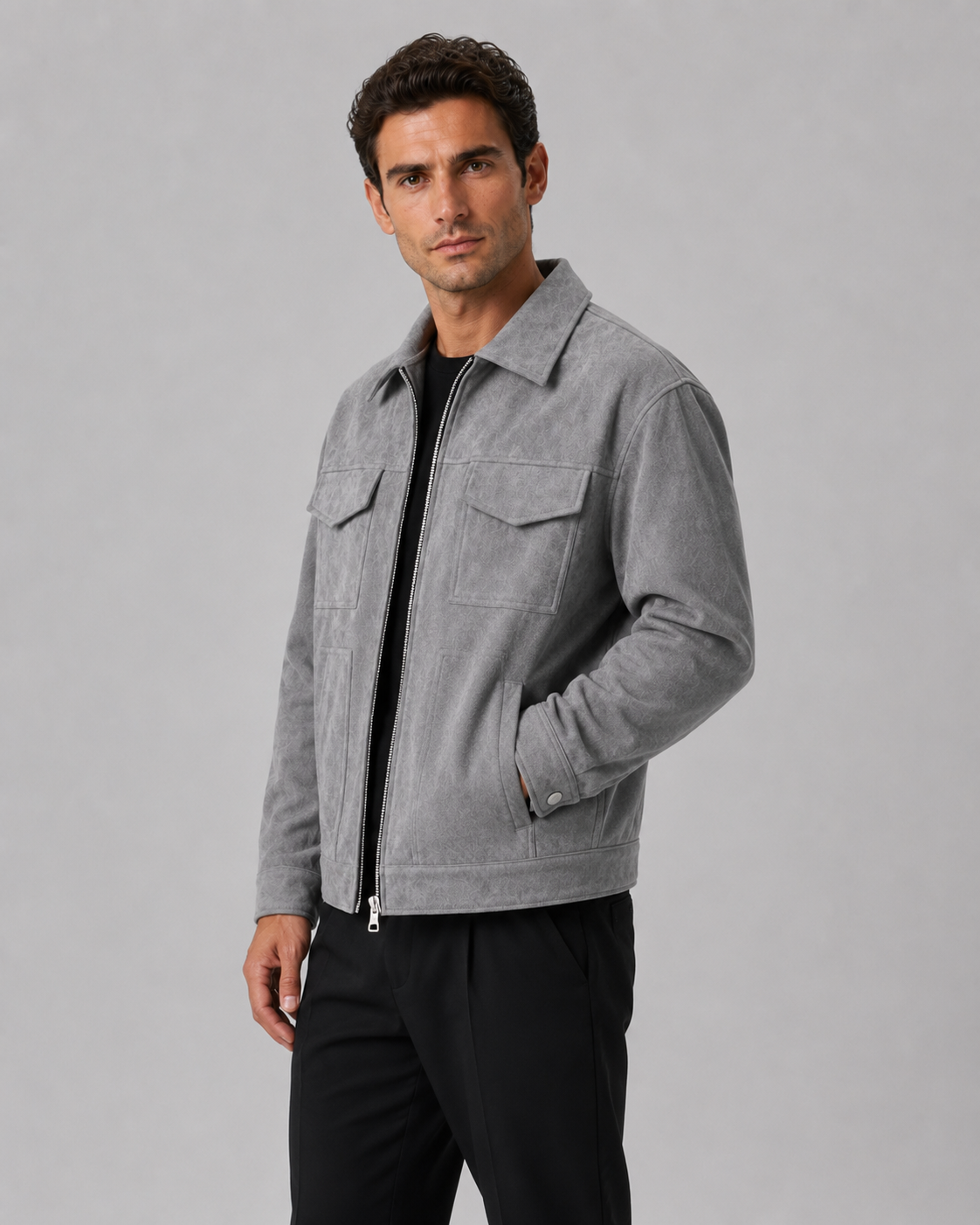 Men's Utility Jacket – Suede Loose Fit Zip Design