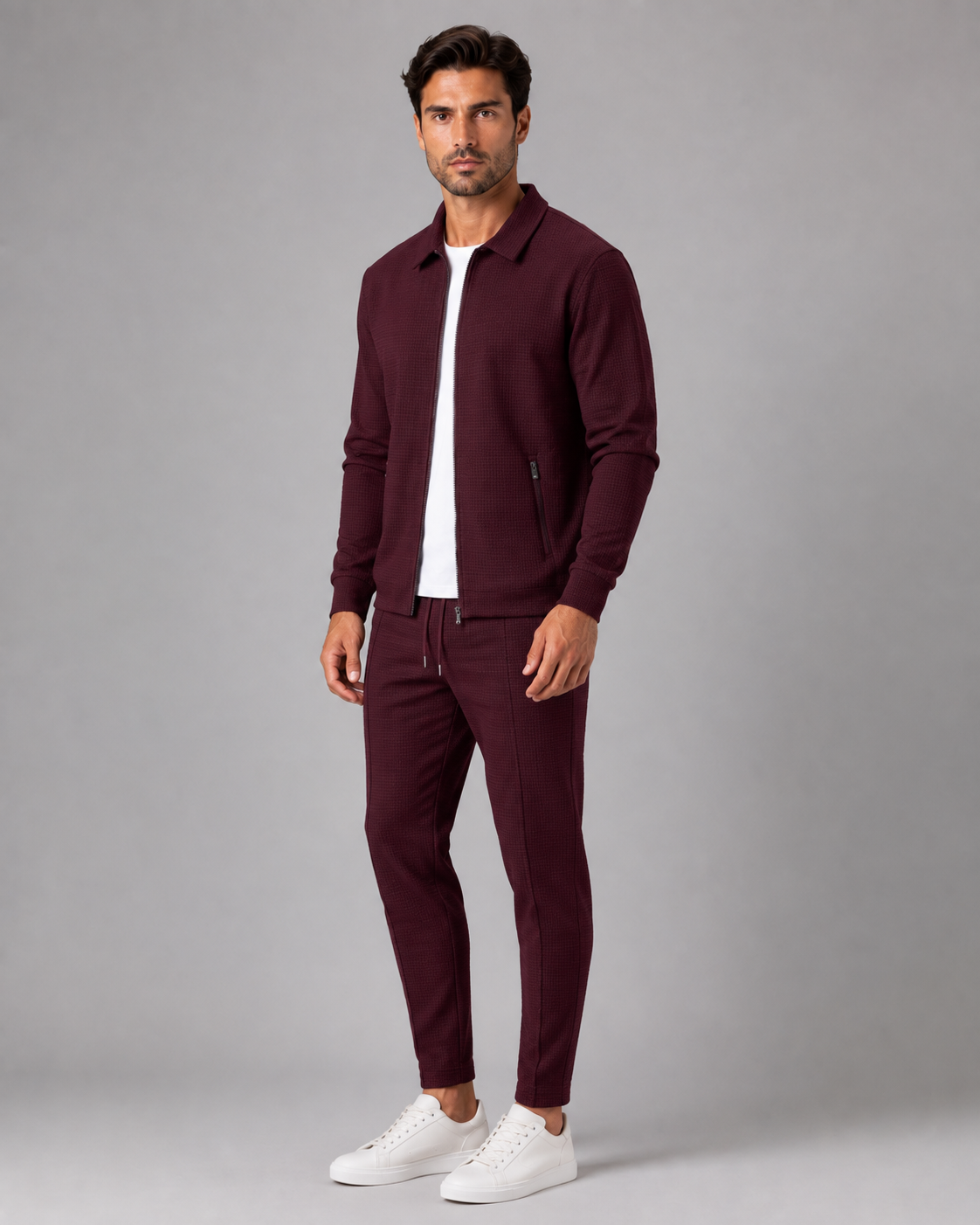 Men's Waffle Tracksuit Set - Zip Jacket and Pants