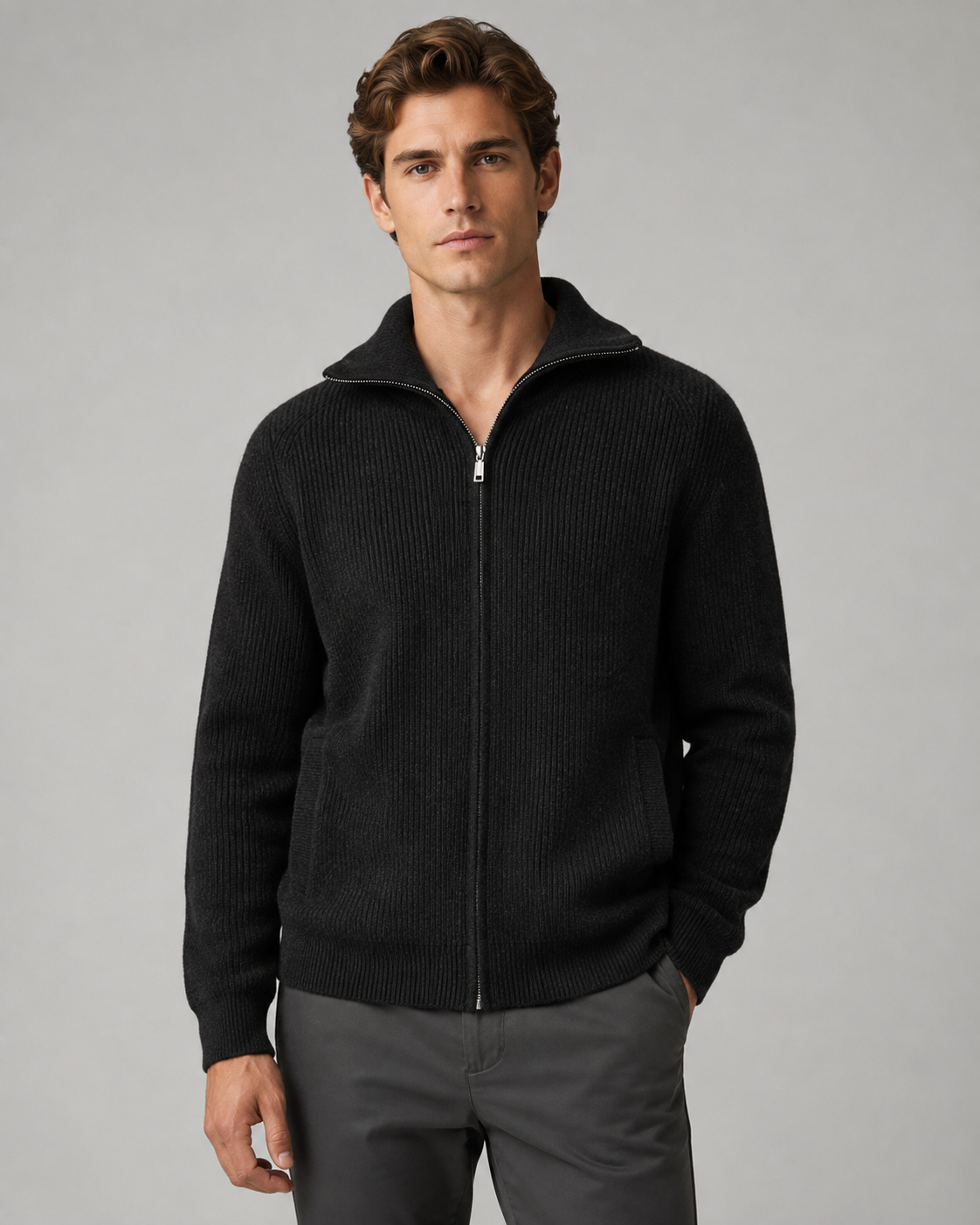 Men's Quarter-Zip Wool Sweater - Ribbed Mock Neck Regular Fit