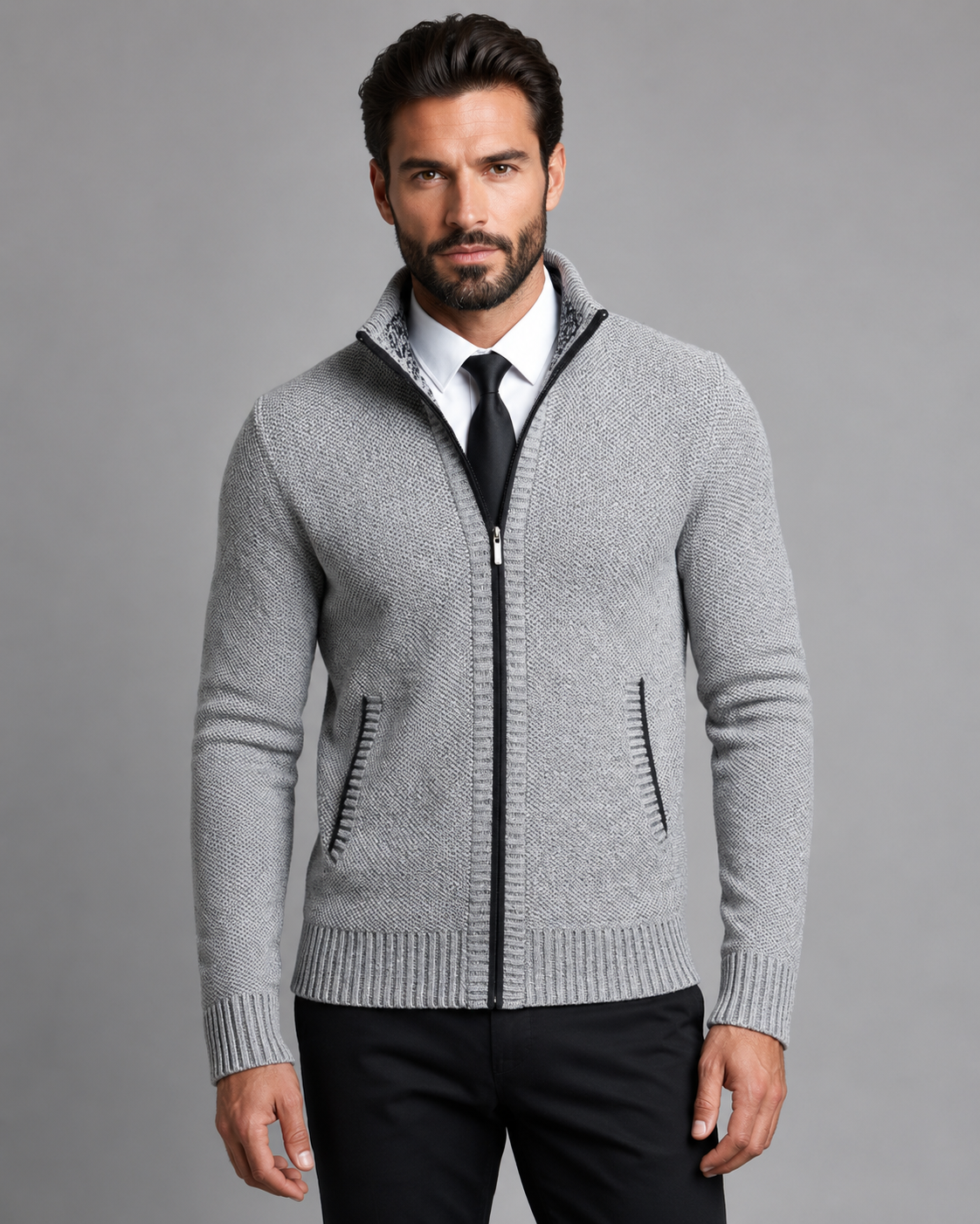 Men's Funnel Neck Zip Sweater - Textured Knit