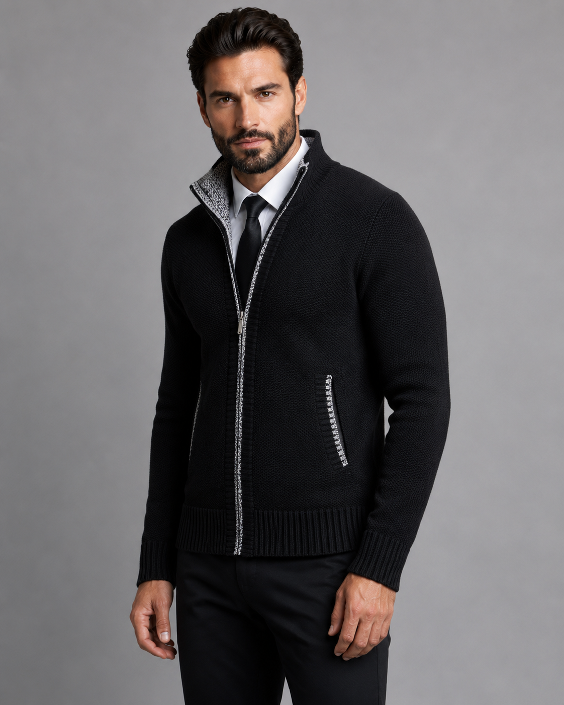 Men's Funnel Neck Zip Sweater - Textured Knit