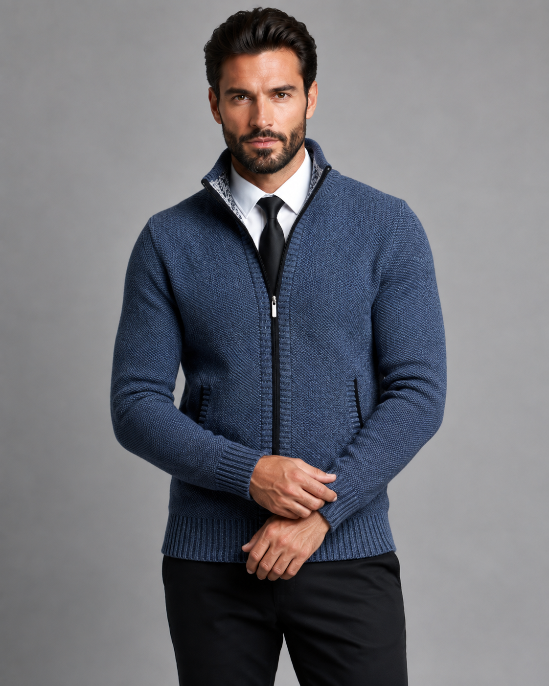 Men's Funnel Neck Zip Sweater - Textured Knit