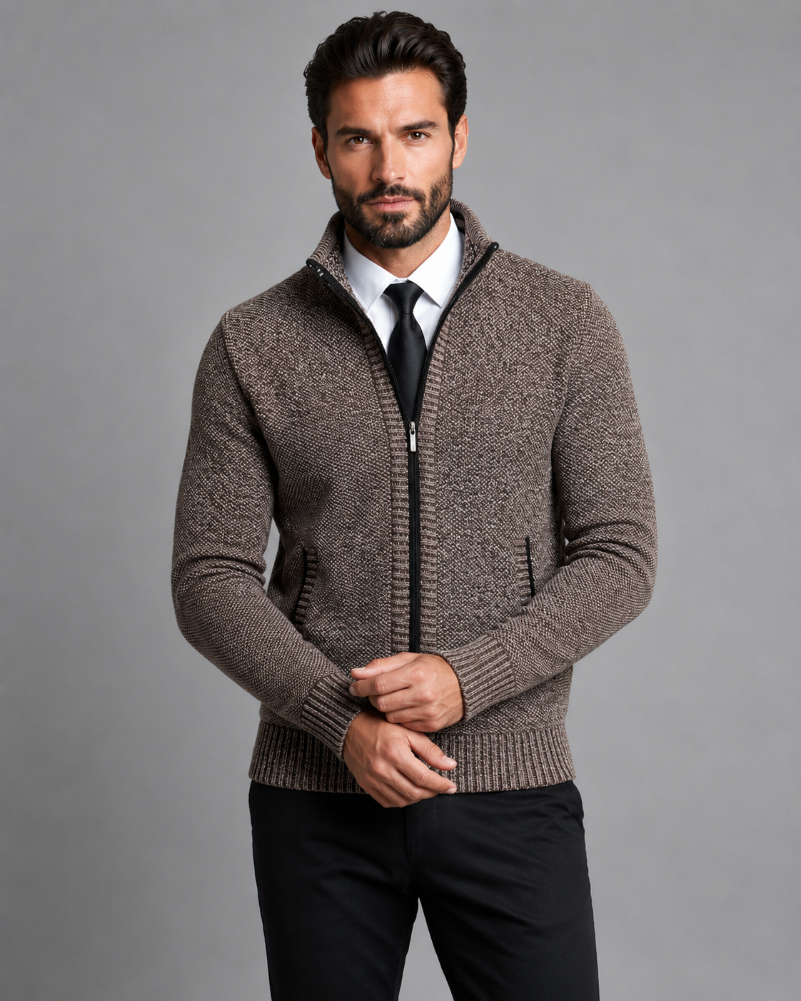 Men's Funnel Neck Zip Sweater - Textured Knit