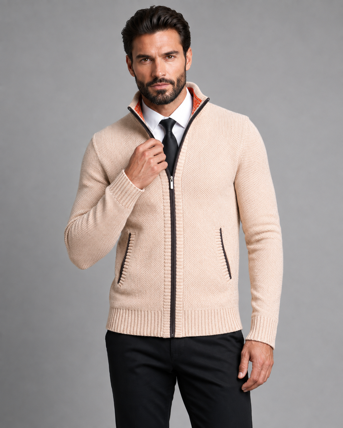 Men's Funnel Neck Zip Sweater - Textured Knit