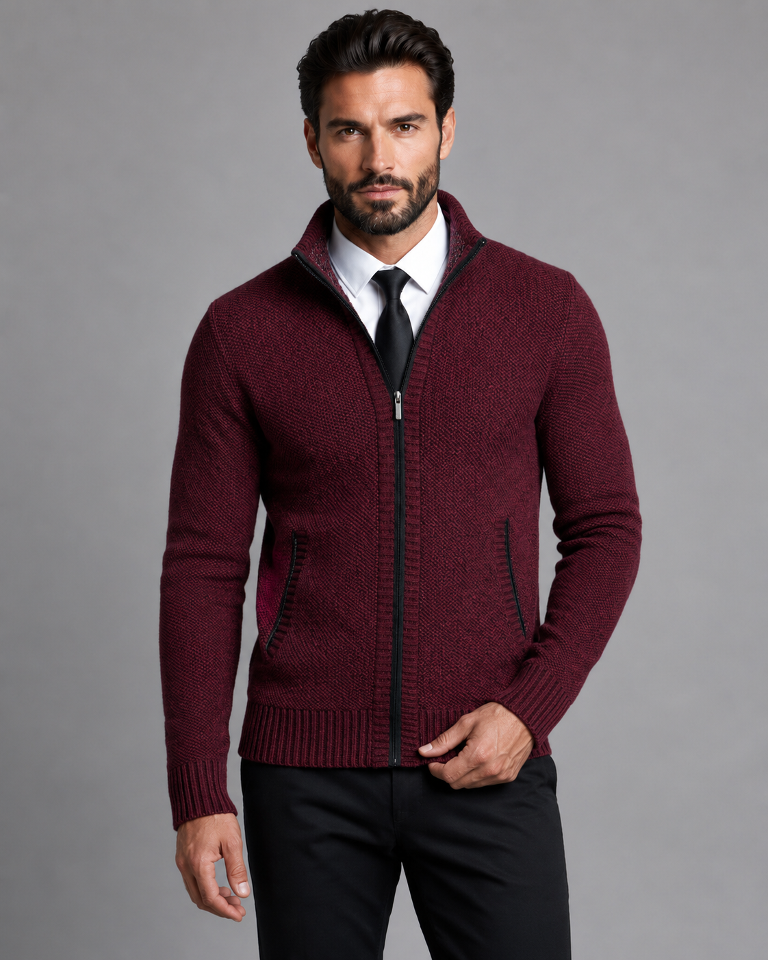 Men's Funnel Neck Zip Sweater - Textured Knit