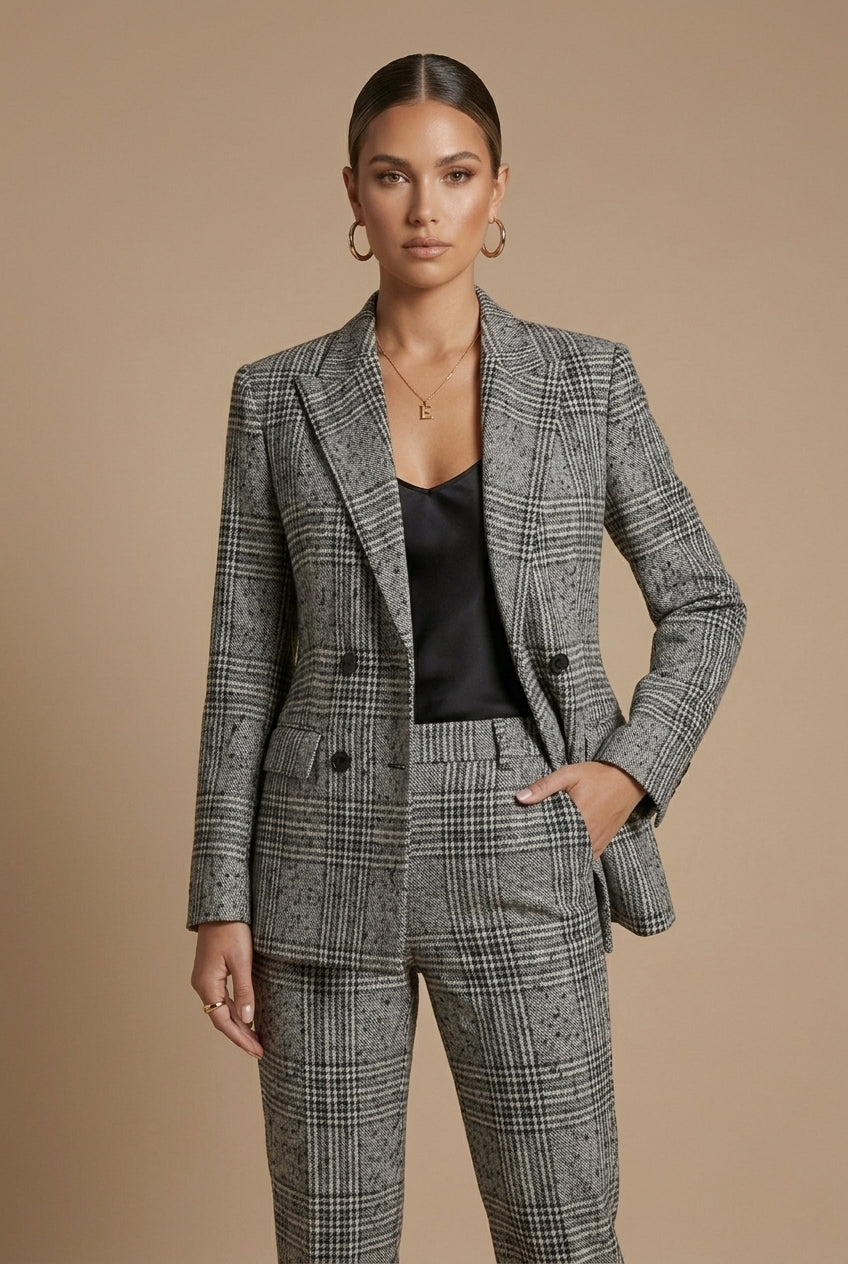 Women's Plaid Blazer and Pants Set - Relaxed Fit