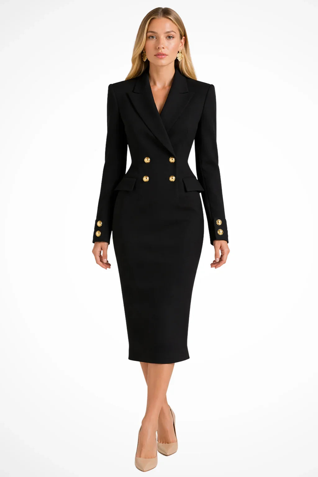 Women's Longline Blazer Occasion Midi Dress with Double Breasted Closure and Buttons