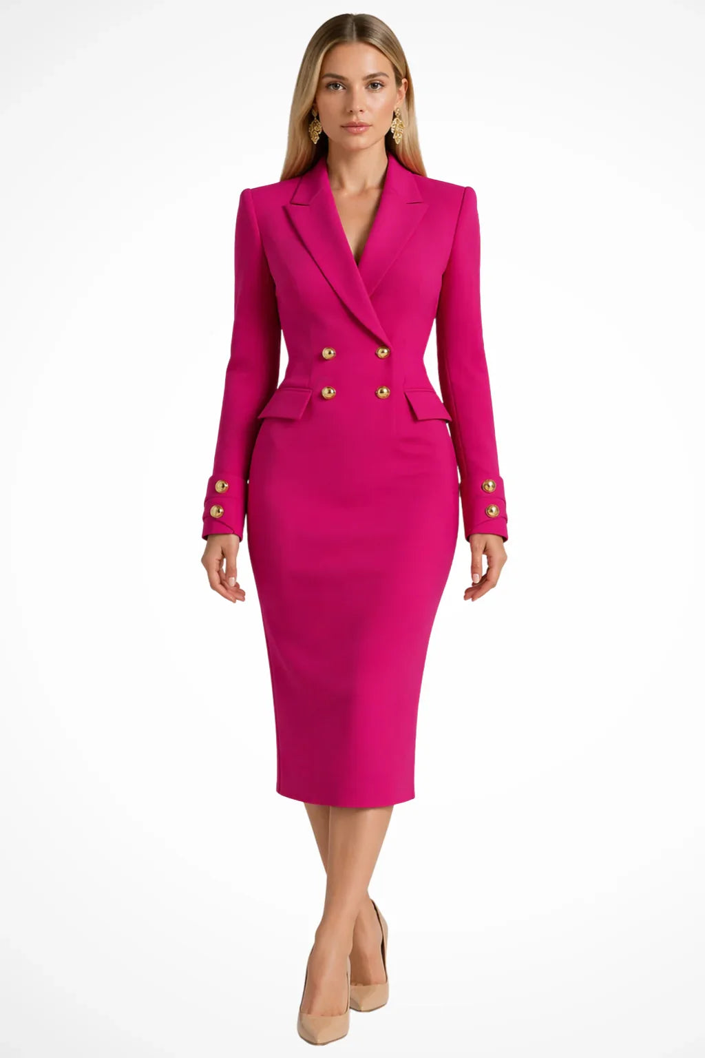 Women's Longline Blazer Occasion Midi Dress with Double Breasted Closure and Buttons