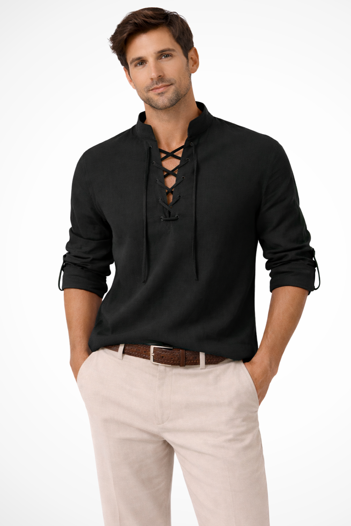 Men's Casual Linen Lace-Up Shirt - Summer Vacation