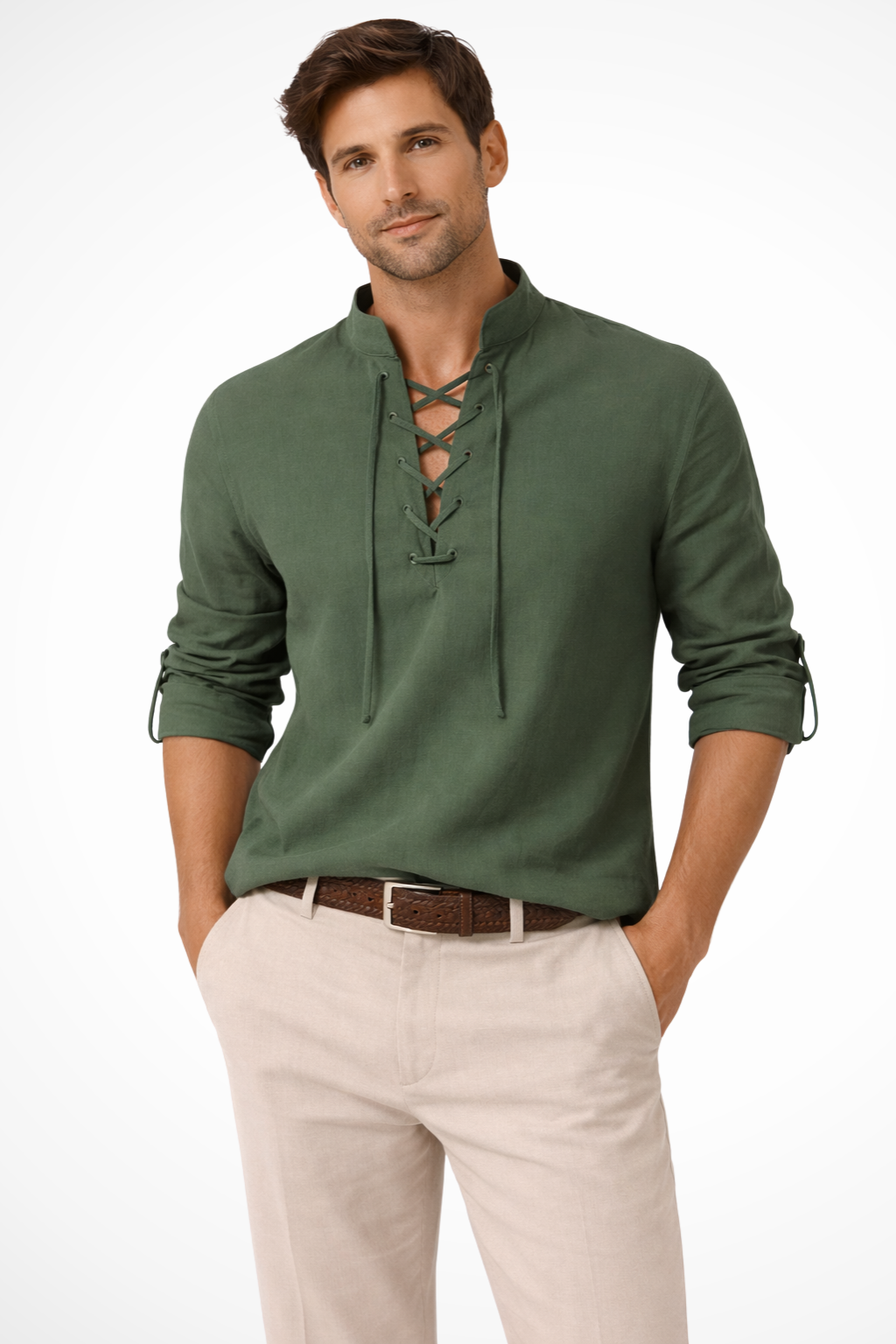 Men's Casual Linen Lace-Up Shirt - Summer Vacation