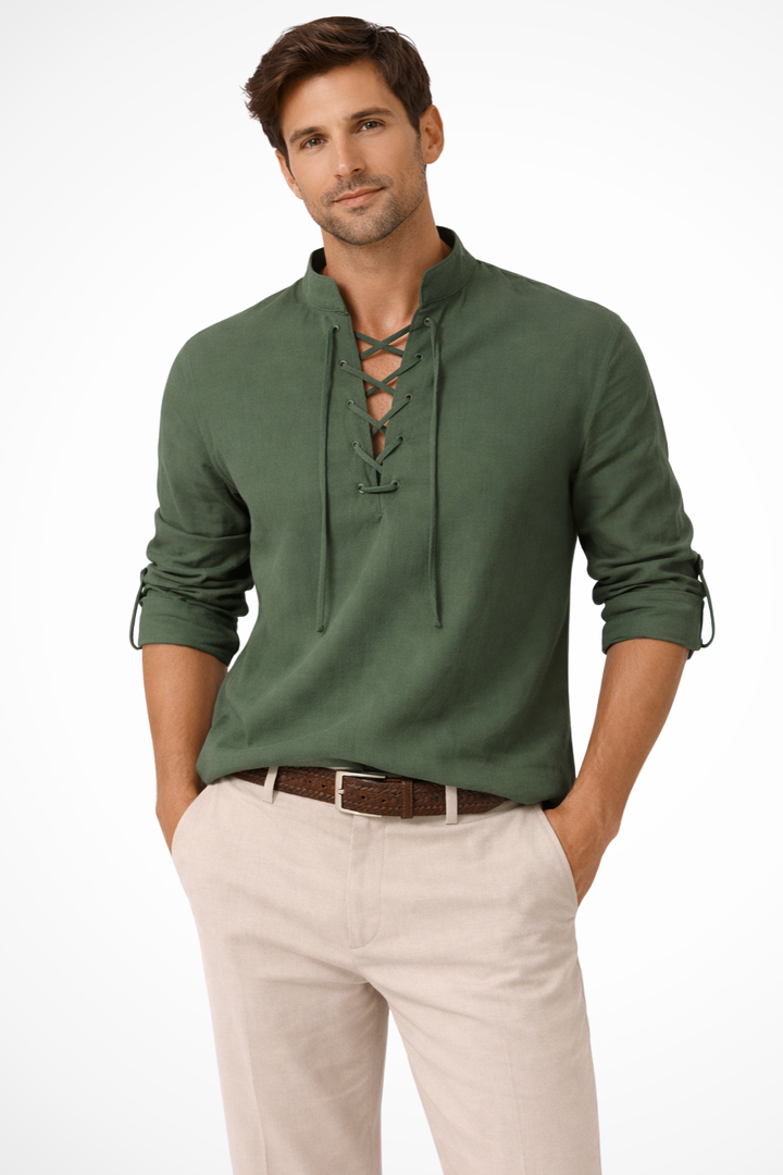 Men's Casual Linen Lace-Up Shirt - Summer Vacation