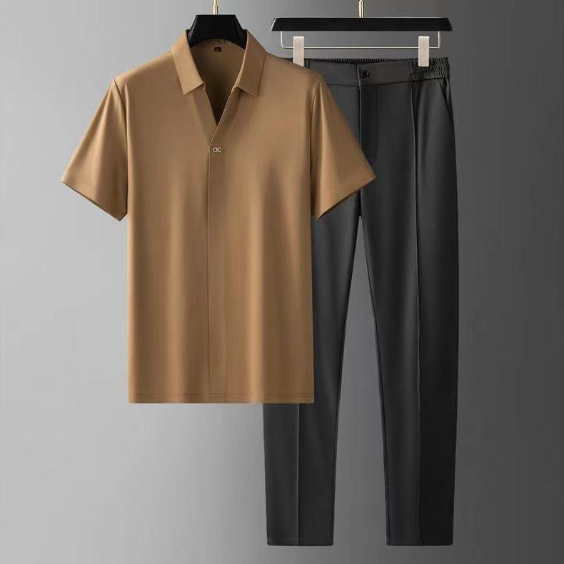 Men's Two-Piece Knit Polo Shirt and Ankle-Length Pants Set - Casual