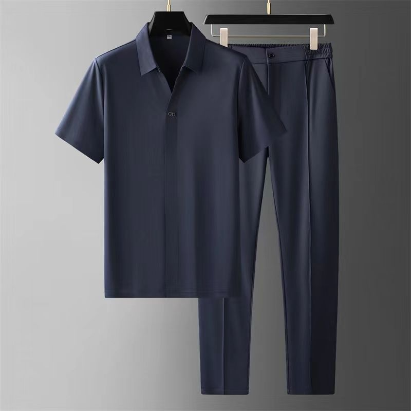 Men's Two-Piece Knit Polo Shirt and Ankle-Length Pants Set - Casual