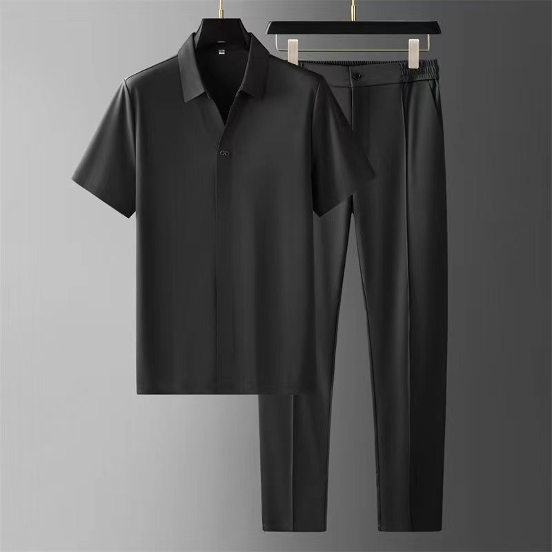 Men's Two-Piece Knit Polo Shirt and Ankle-Length Pants Set - Casual